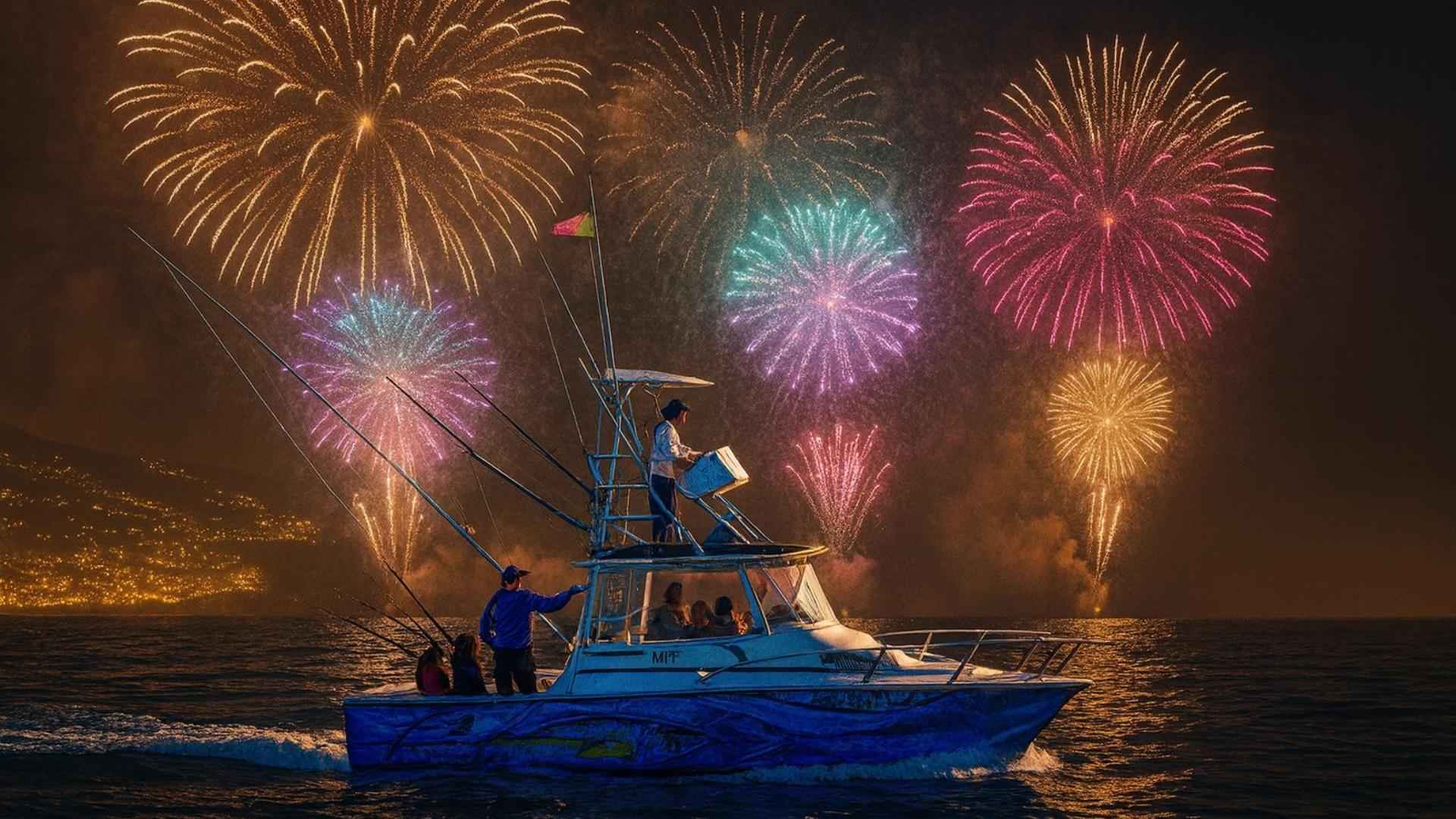 Madeira New Year's Fireworks on a  fishing boat