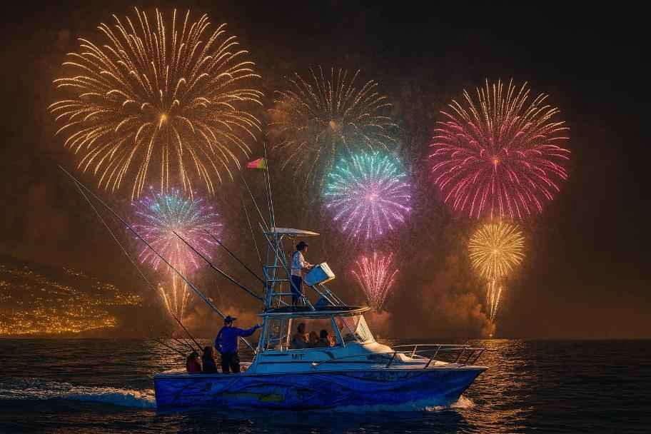 Madeira New Year's Fireworks on a  fishing boat