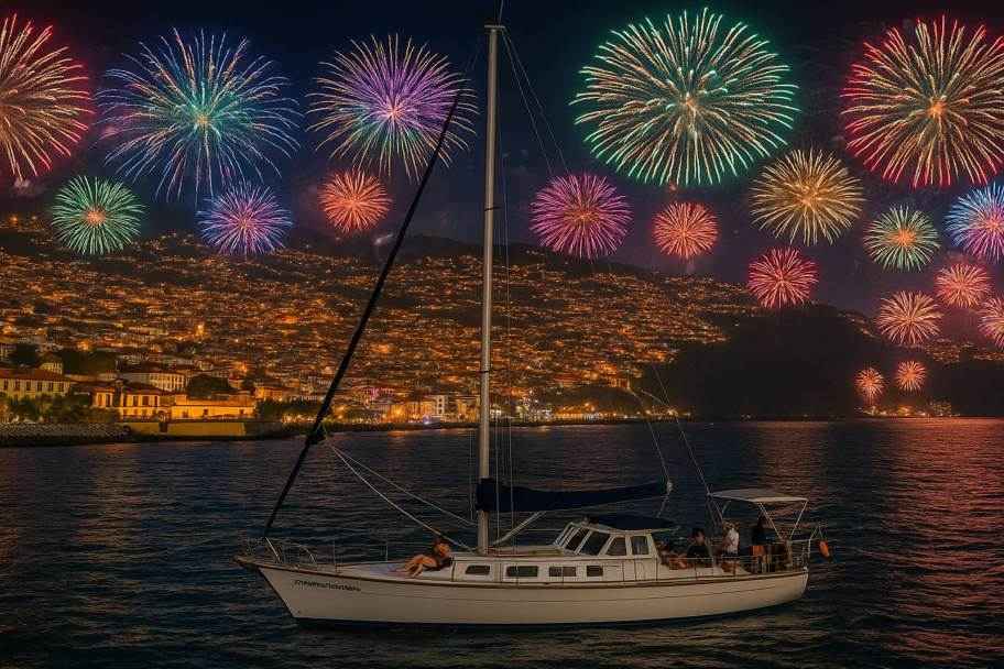 Fogo de artif&iacute;cio do Ano Novo da Madeira num veleiro