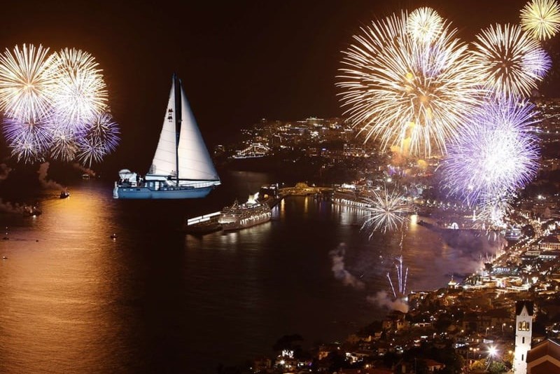 New Year Fireworks on a Sailboat in Madeira